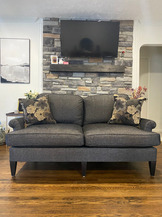 Two-Seater Reupholstered "Henredon" Style Sofa with Throw Pillows