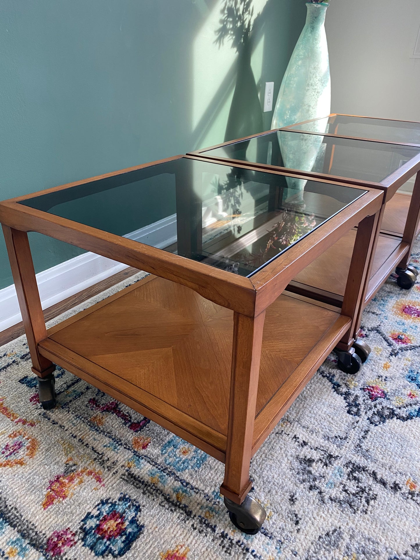 Set of 3 Drexel "Et Cetera" Side Tables With Tinted Glass Top & Casters