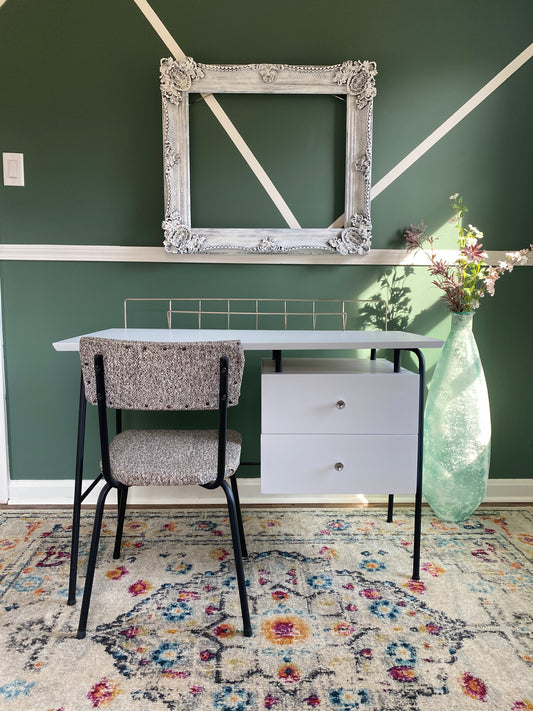 Vintage MCM White Lacquer Jamestown Trapezoid Desk With Upholstered Chair