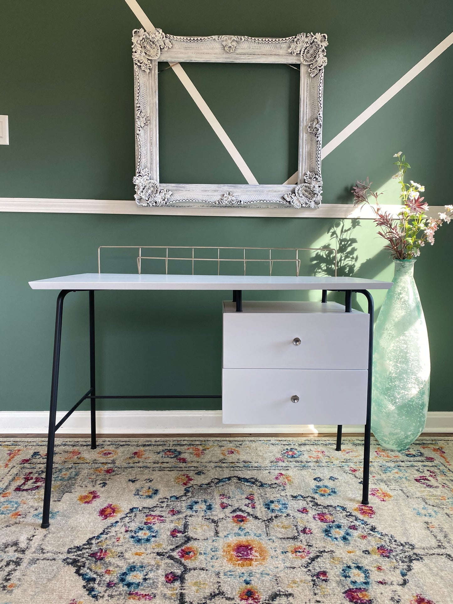 Vintage MCM White Lacquer Jamestown Trapezoid Desk With Upholstered Chair