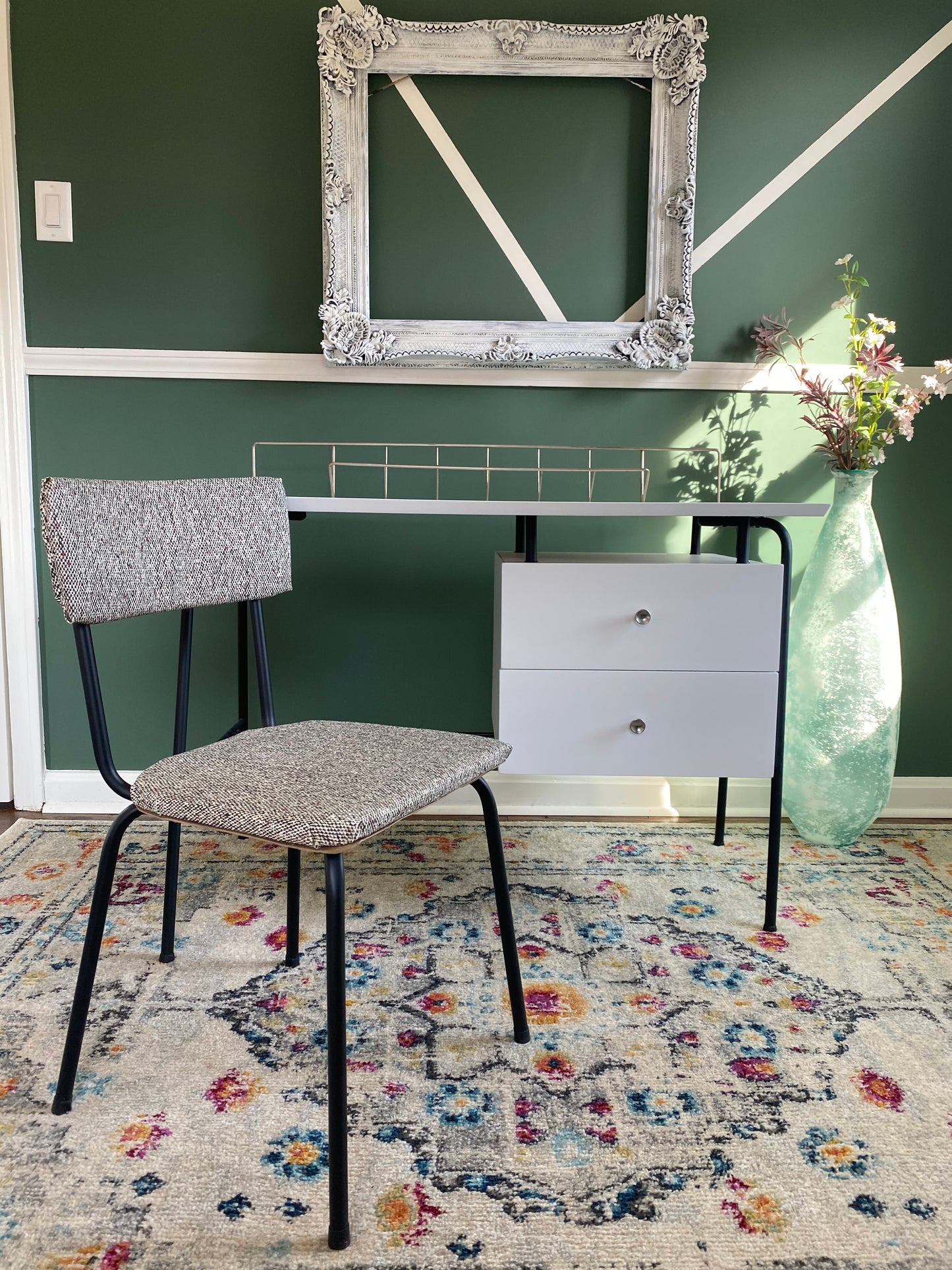 Vintage MCM White Lacquer Jamestown Trapezoid Desk With Upholstered Chair