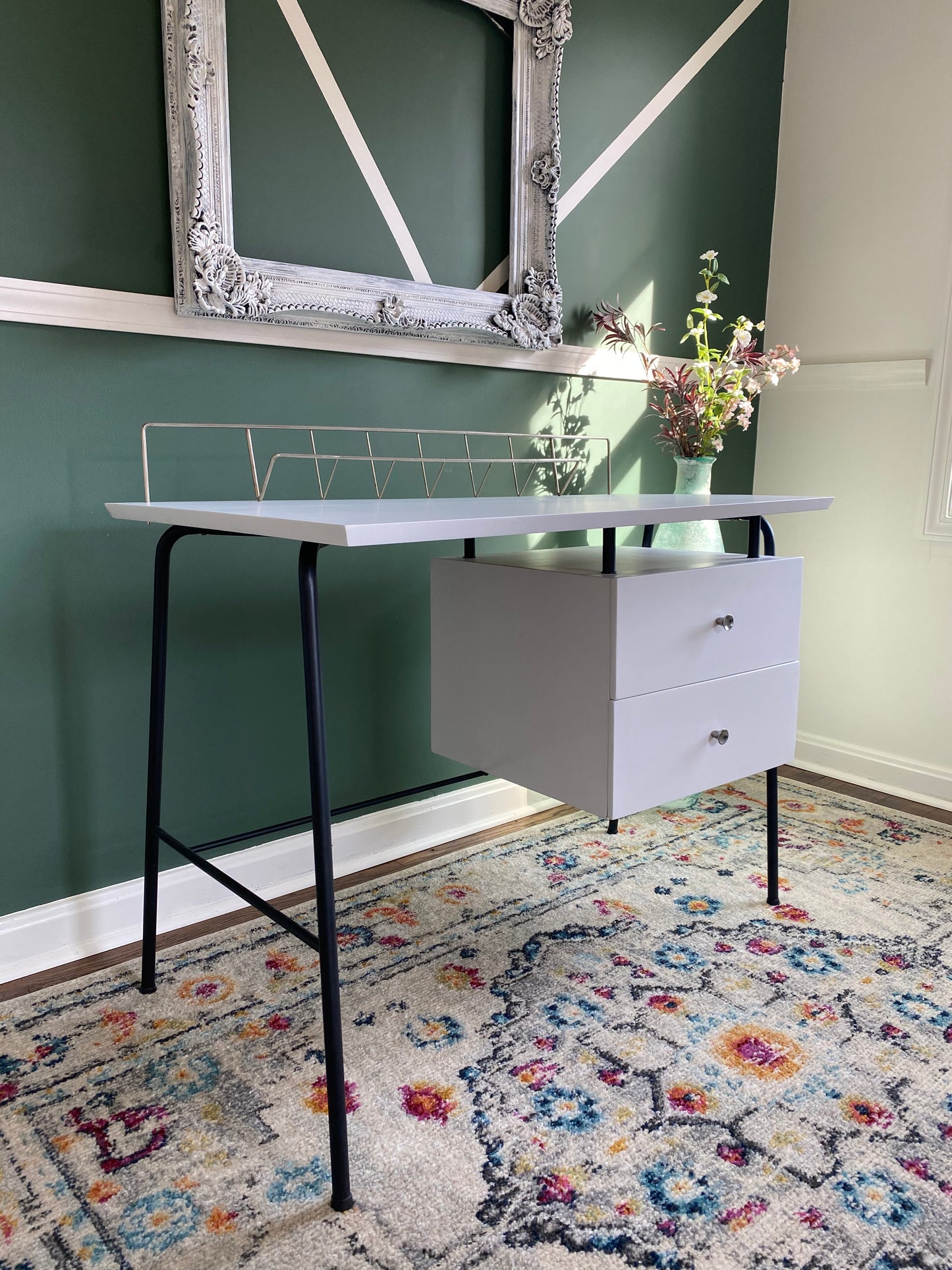 Vintage MCM White Lacquer Jamestown Trapezoid Desk With Upholstered Chair