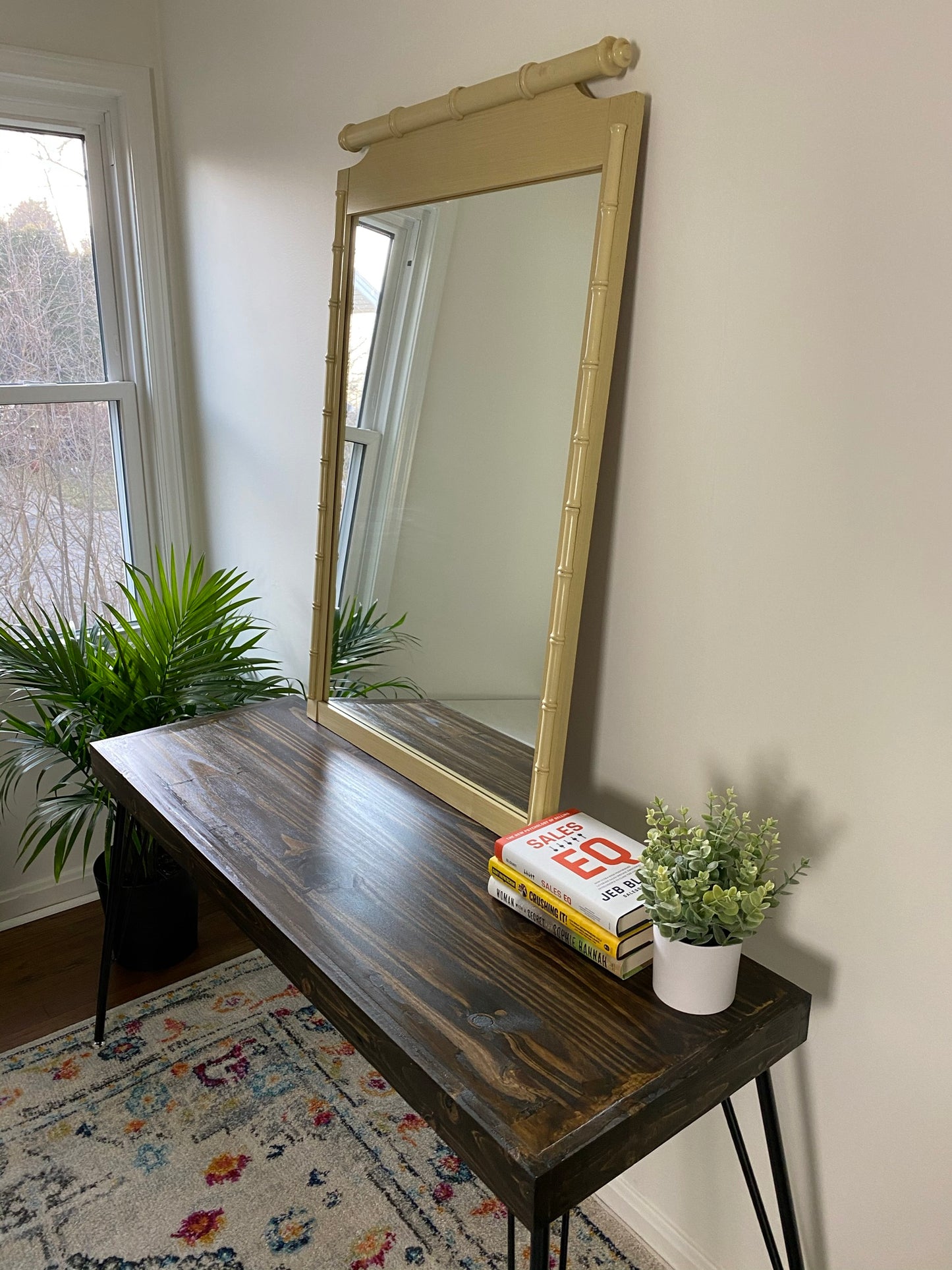 1970s Cream Colored Bamboo Rattan Accent Mirror