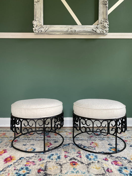 Pair of Arthur Umanoff Wrought Iron Stools - Reupholstered