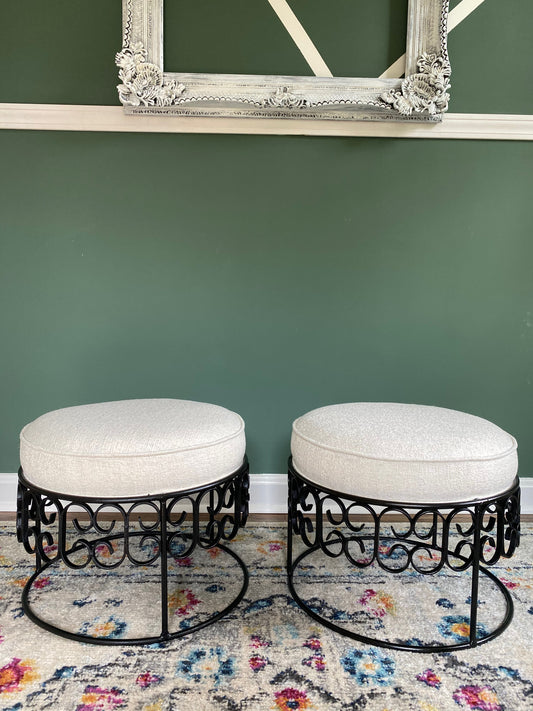 Pair of Arthur Umanoff Wrought Iron Stools - Reupholstered