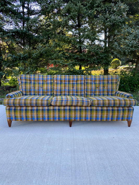 Mid-Century Modern Green Plaid 3-Seater Sofa