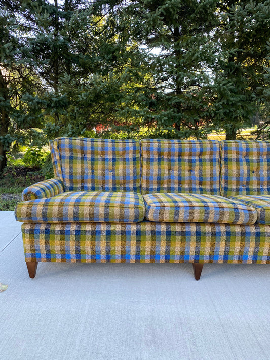 Mid-Century Modern Green Plaid 3-Seater Sofa