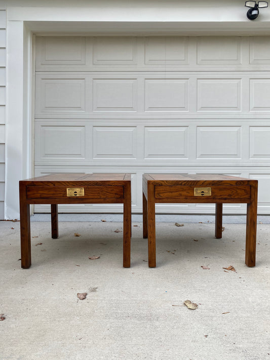 Pair of Henredon Parquetry Top Burl Walnut Campaign End Tables