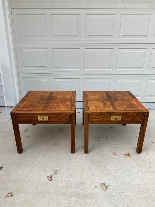 Pair of Henredon Parquetry Top Burl Walnut Campaign End Tables