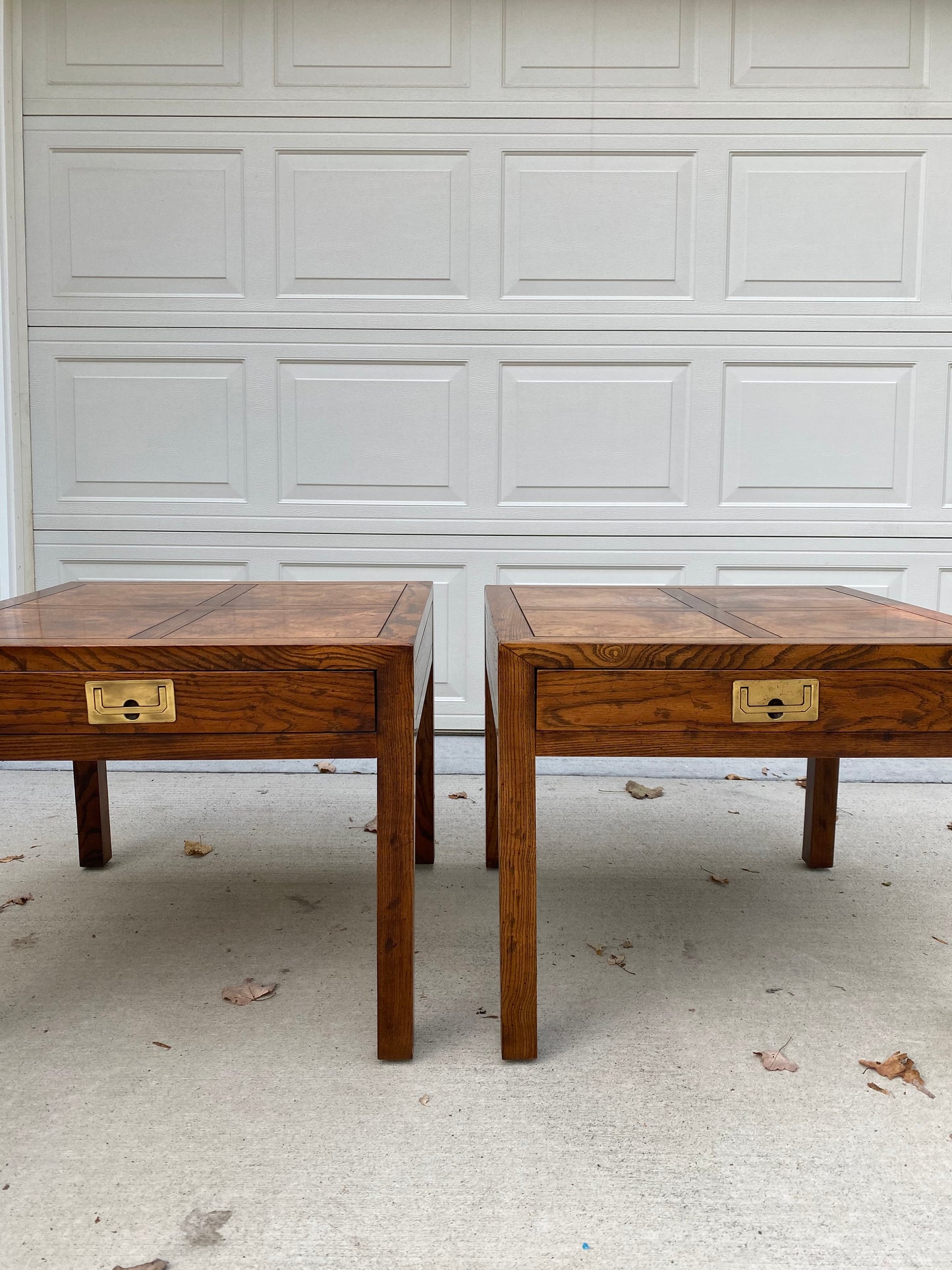 Pair of Henredon Parquetry Top Burl Walnut Campaign End Tables