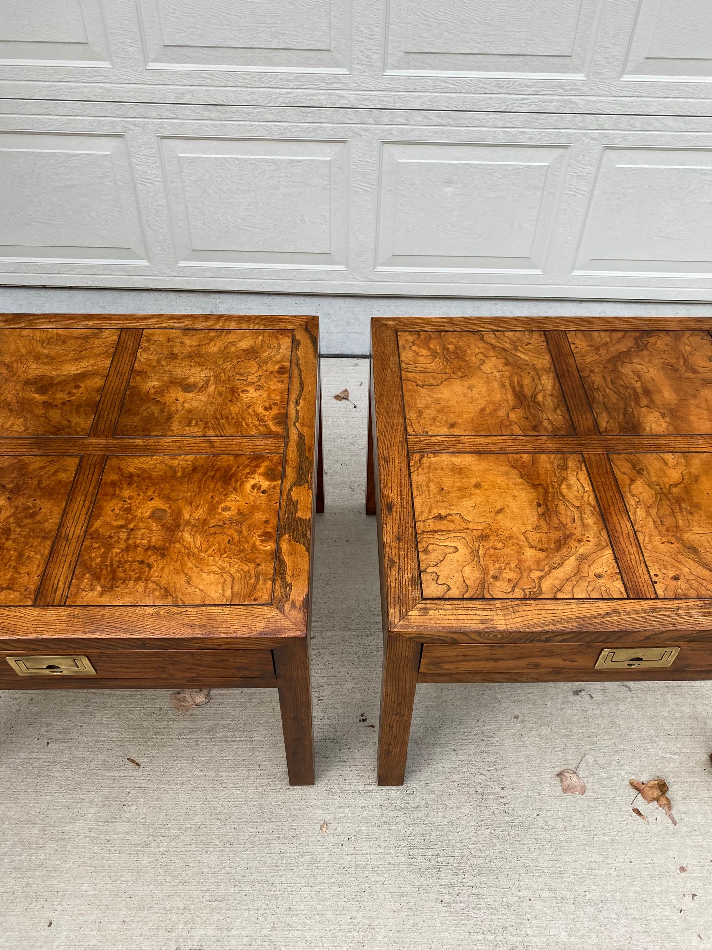 Pair of Henredon Parquetry Top Burl Walnut Campaign End Tables