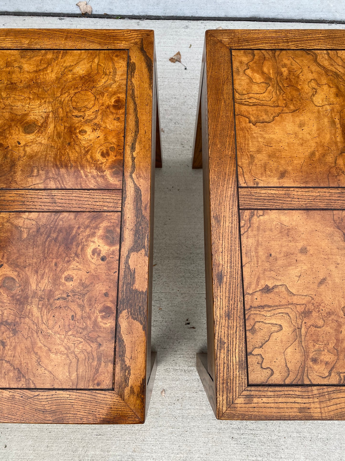 Pair of Henredon Parquetry Top Burl Walnut Campaign End Tables