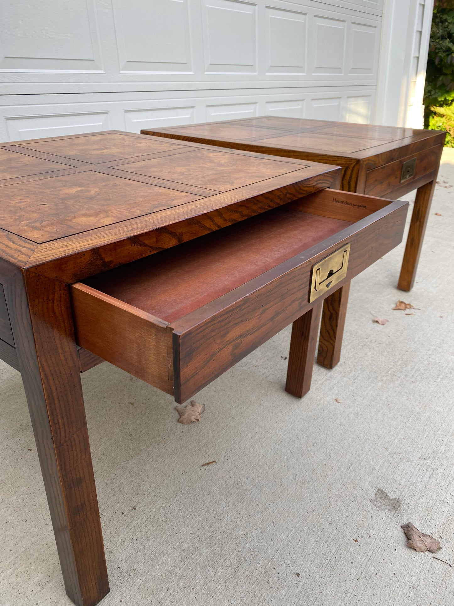 Pair of Henredon Parquetry Top Burl Walnut Campaign End Tables