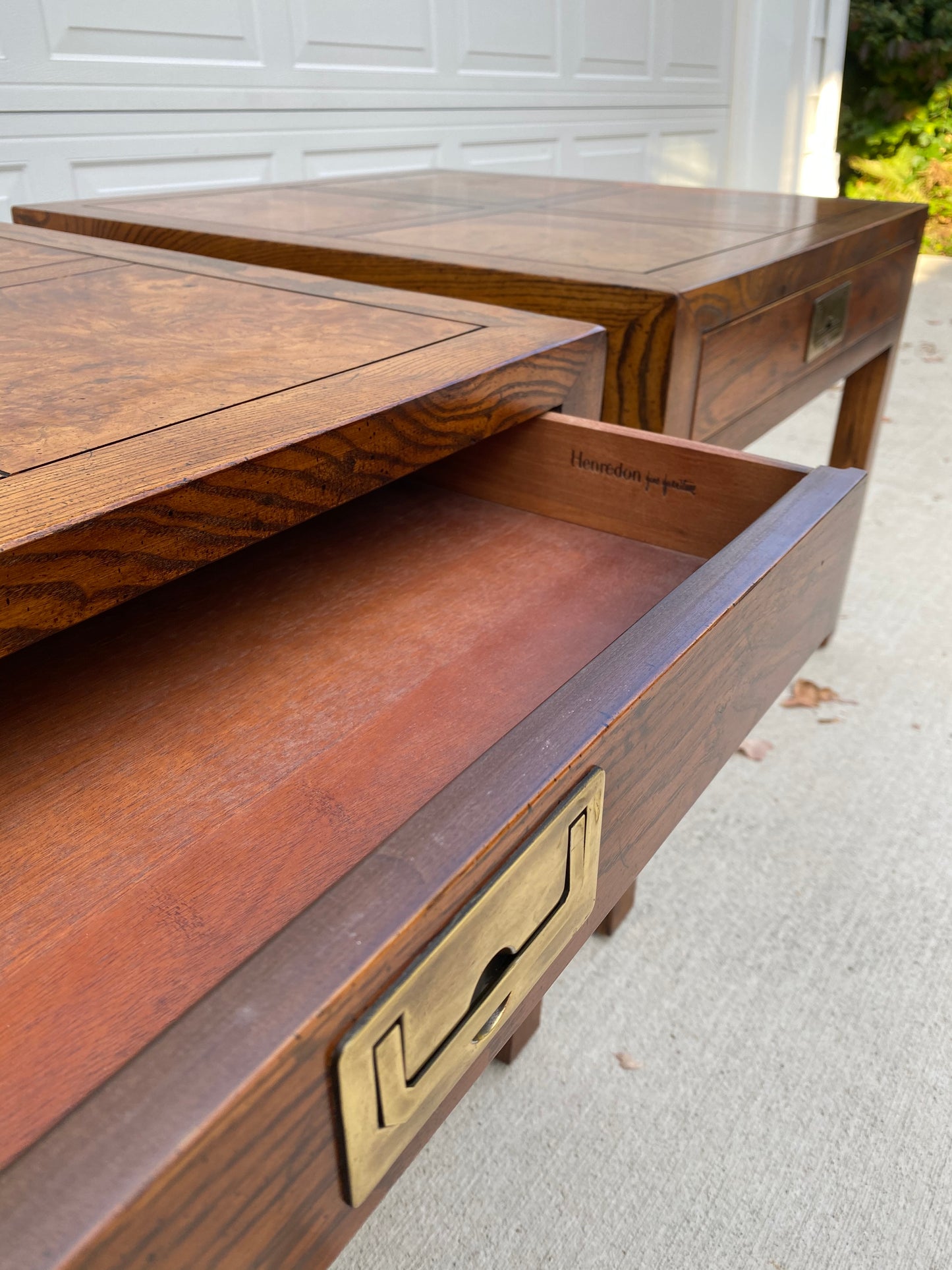 Pair of Henredon Parquetry Top Burl Walnut Campaign End Tables