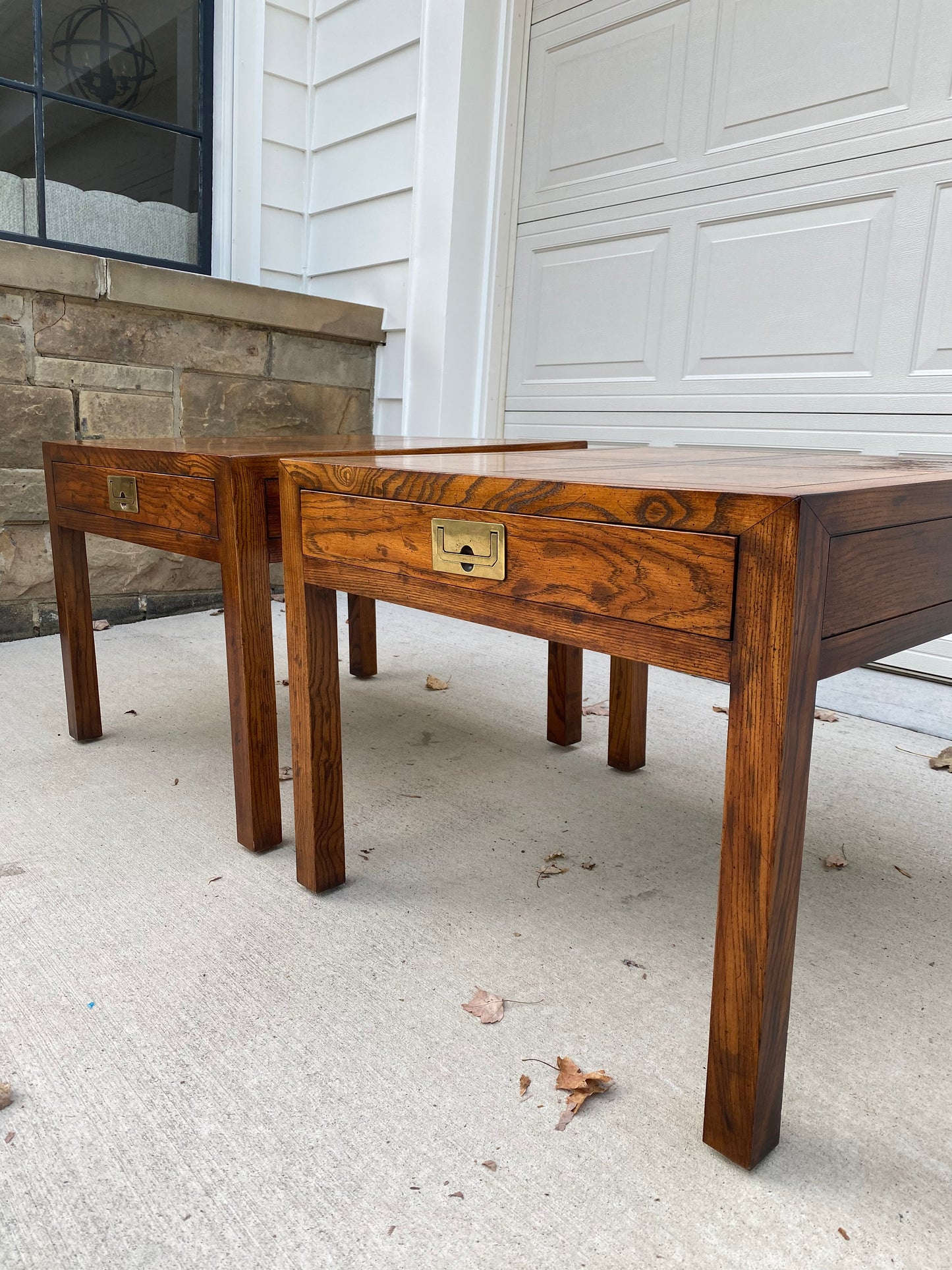 Pair of Henredon Parquetry Top Burl Walnut Campaign End Tables