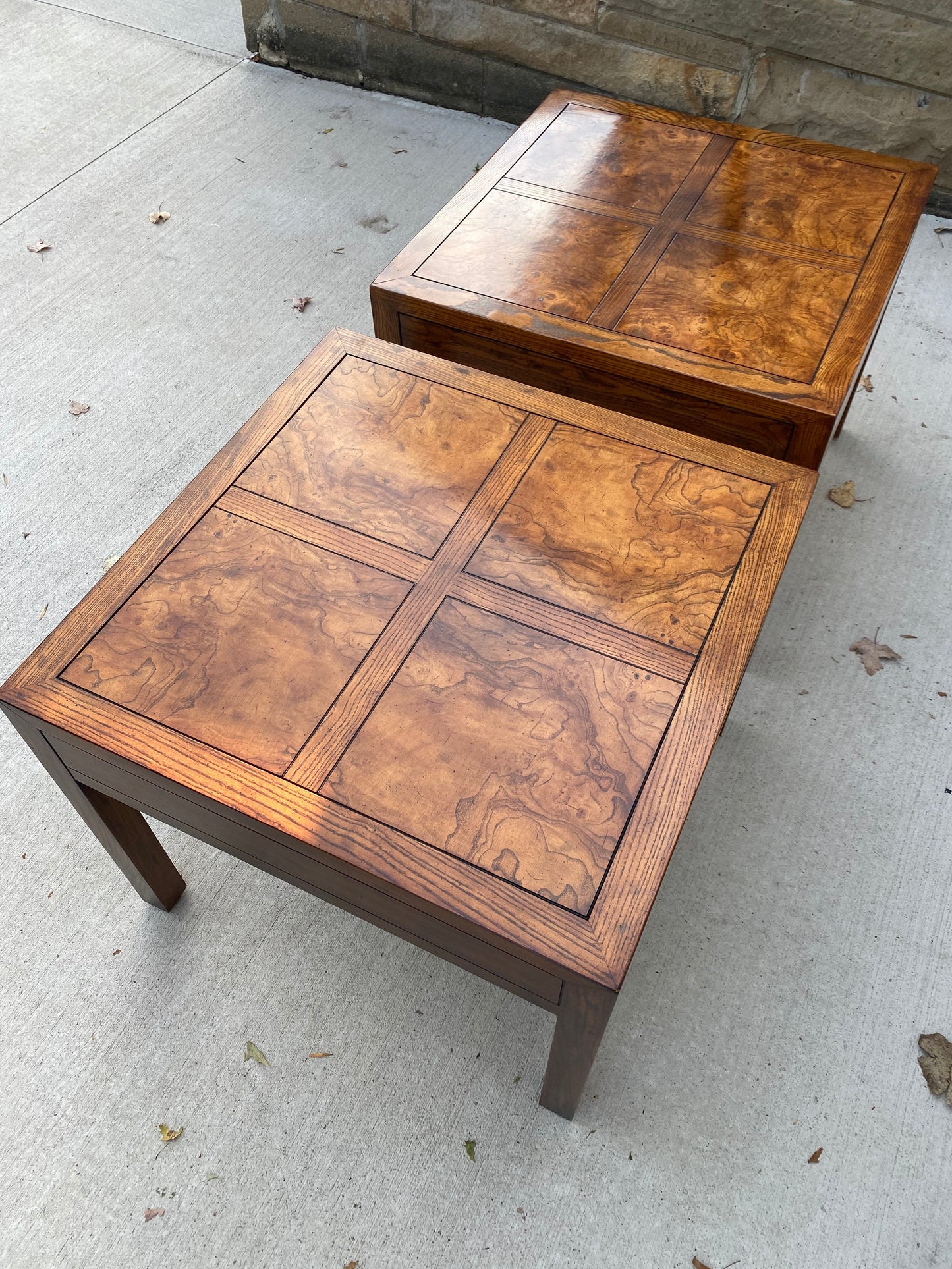 Pair of Henredon Parquetry Top Burl Walnut Campaign End Tables