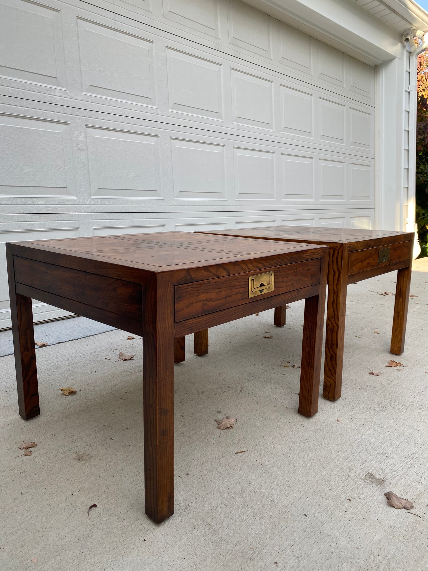 Pair of Henredon Parquetry Top Burl Walnut Campaign End Tables