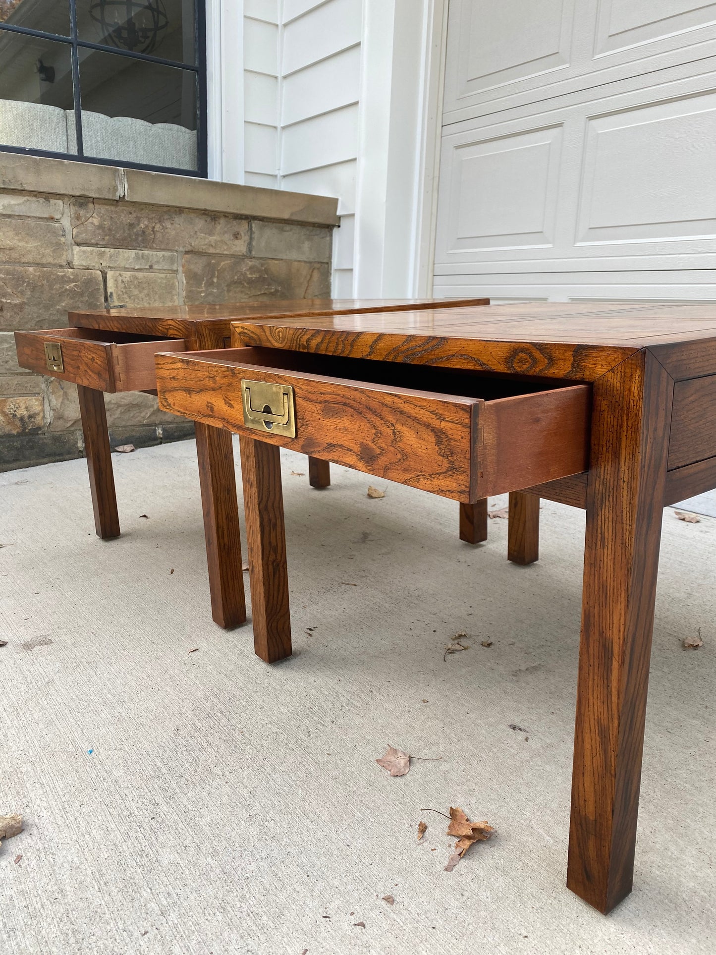 Pair of Henredon Parquetry Top Burl Walnut Campaign End Tables