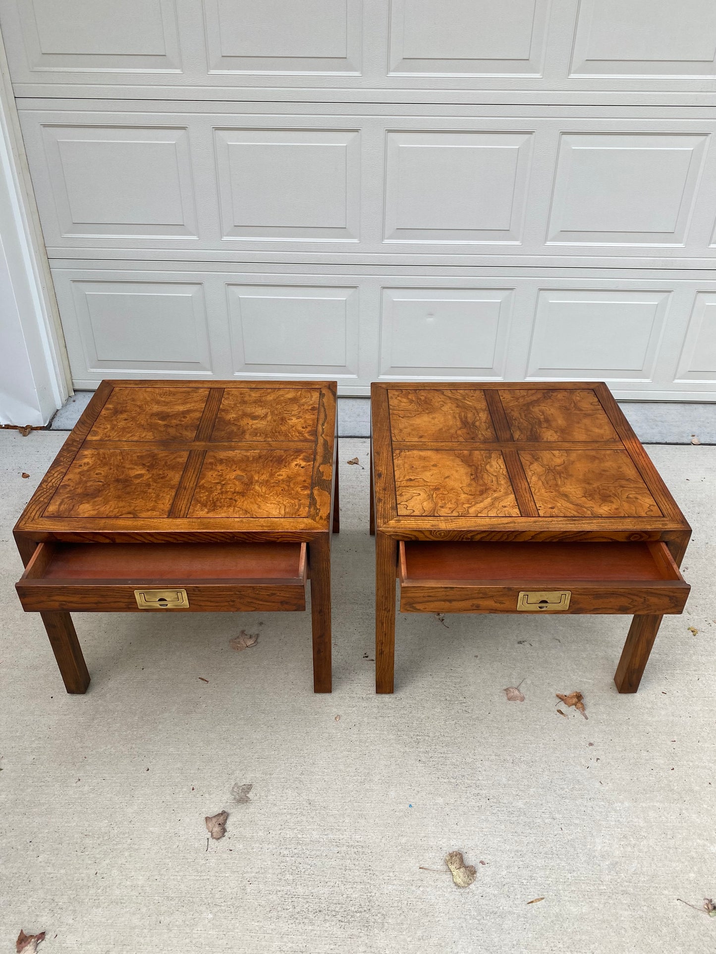 Pair of Henredon Parquetry Top Burl Walnut Campaign End Tables