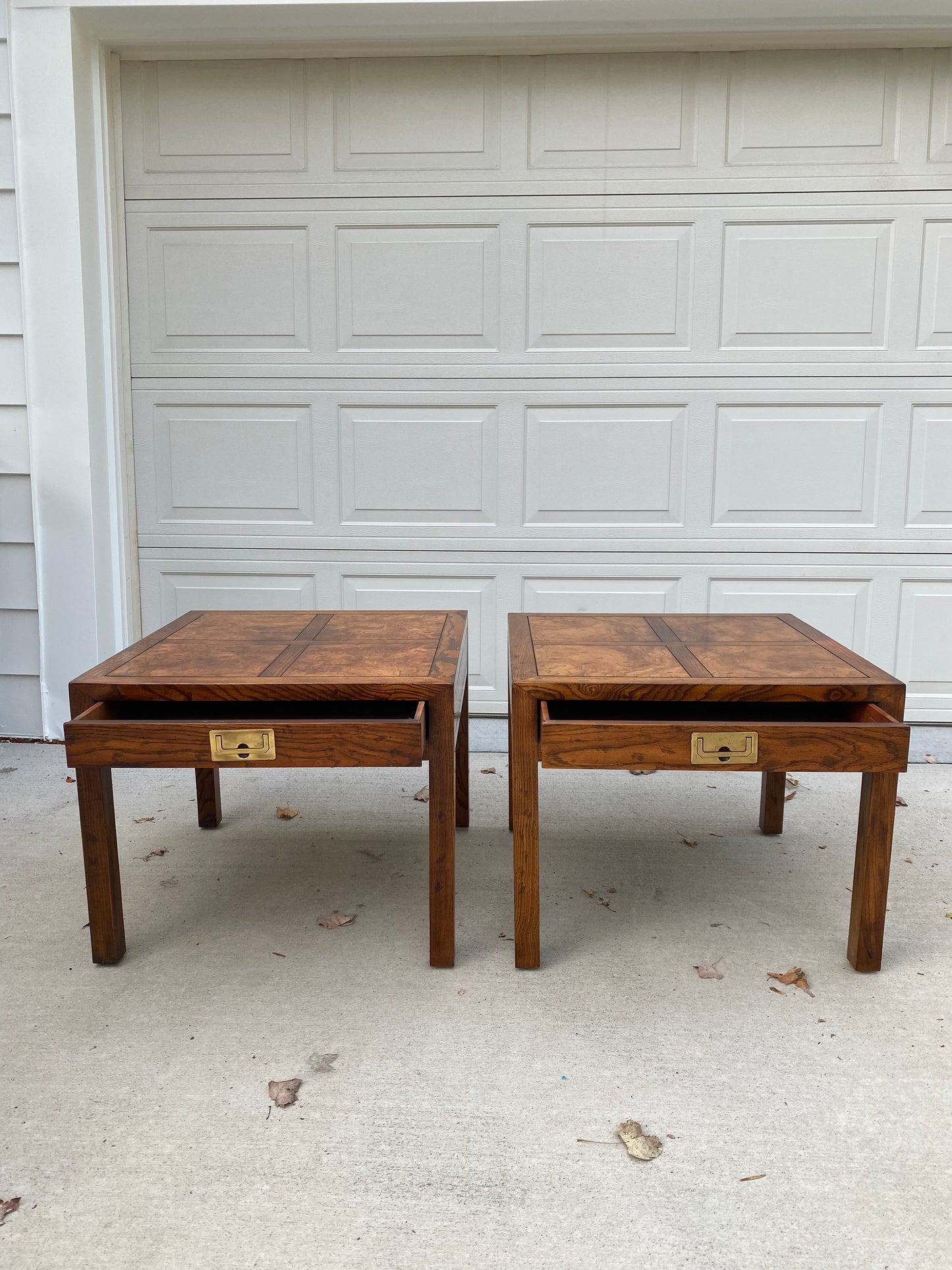 Pair of Henredon Parquetry Top Burl Walnut Campaign End Tables