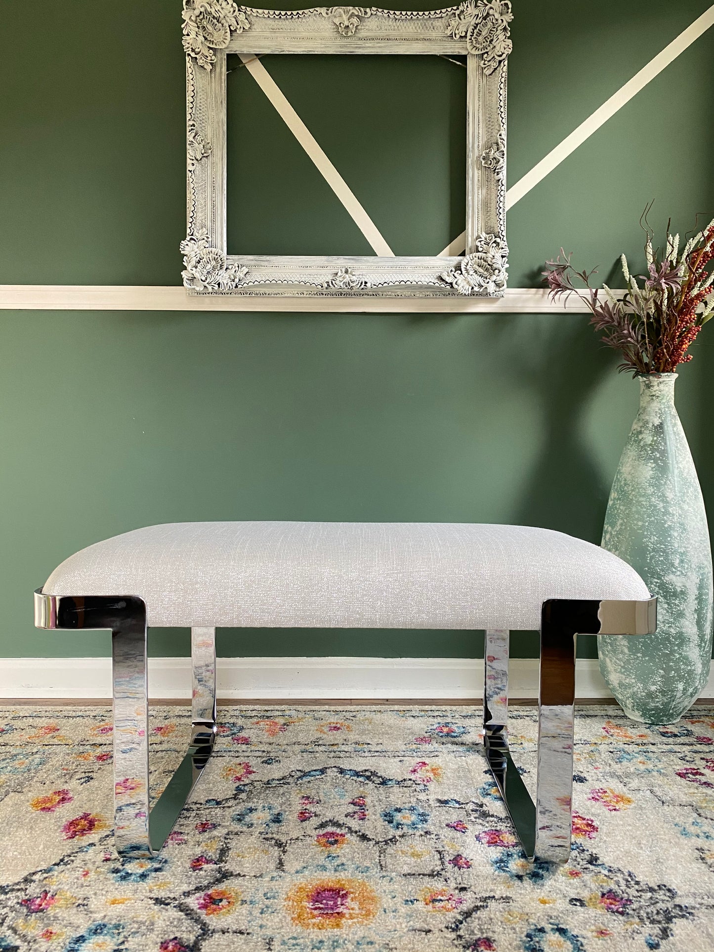 Reupholstered Mid-Century Modern Cantilever Chrome Bench