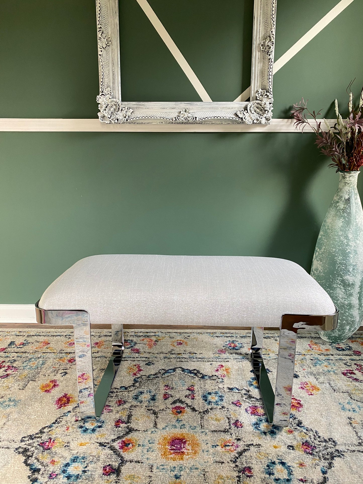 Reupholstered Mid-Century Modern Cantilever Chrome Bench