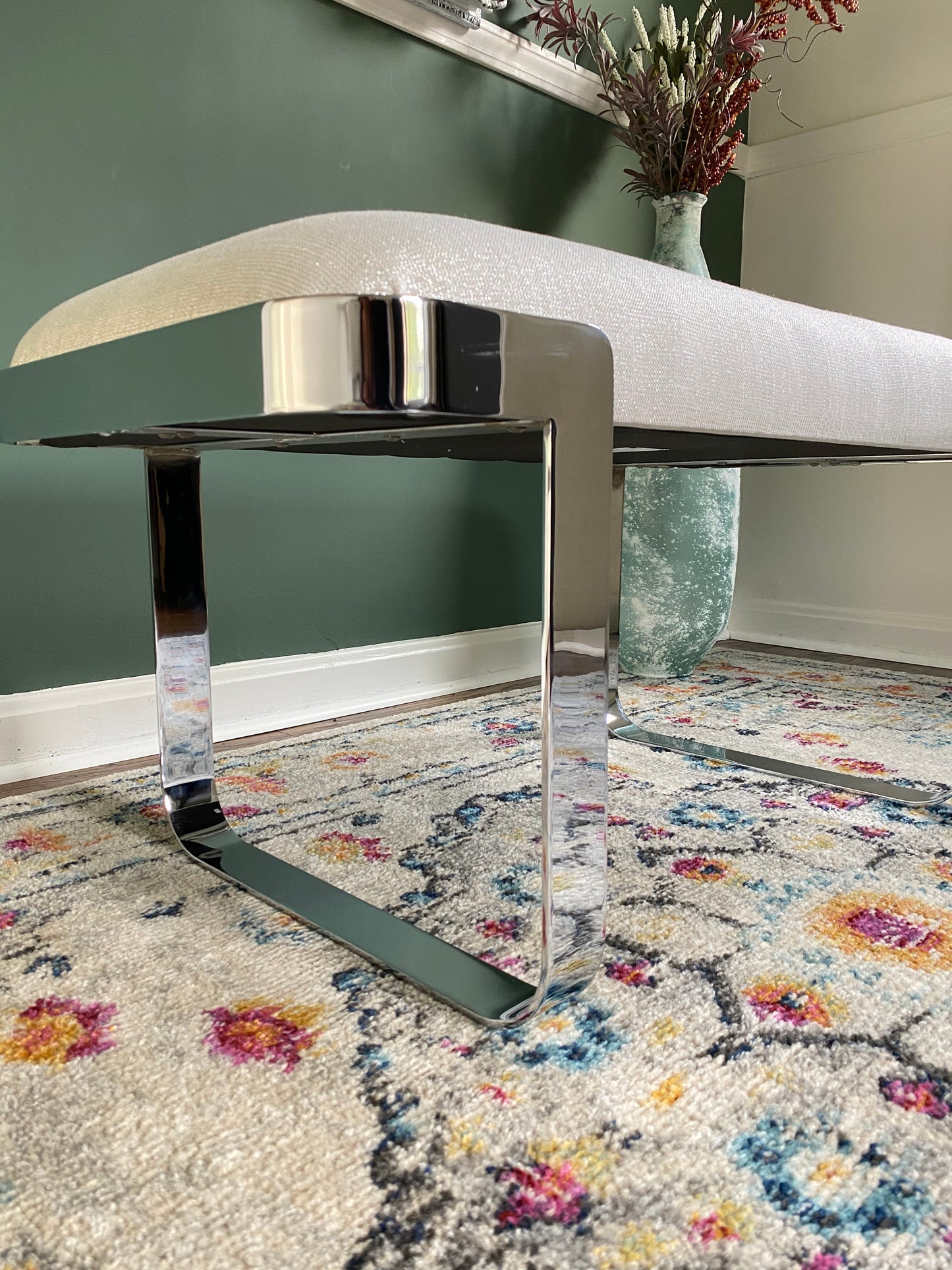 Reupholstered Mid-Century Modern Cantilever Chrome Bench