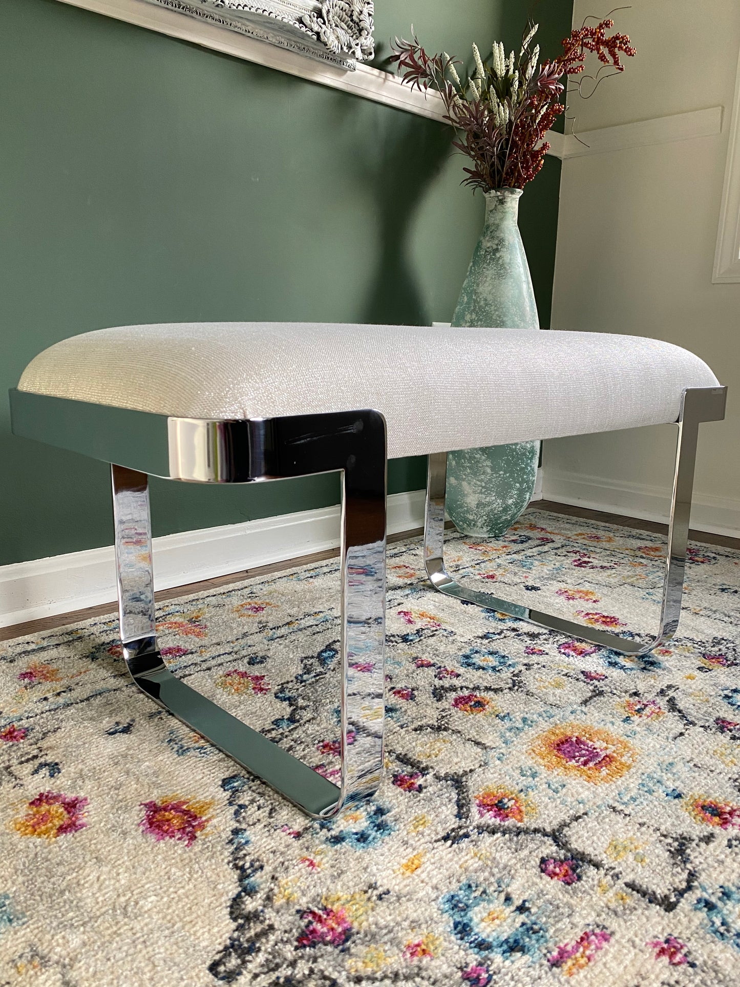 Reupholstered Mid-Century Modern Cantilever Chrome Bench