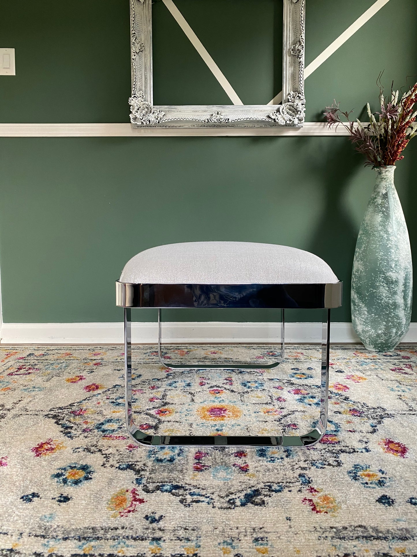 Reupholstered Mid-Century Modern Cantilever Chrome Bench