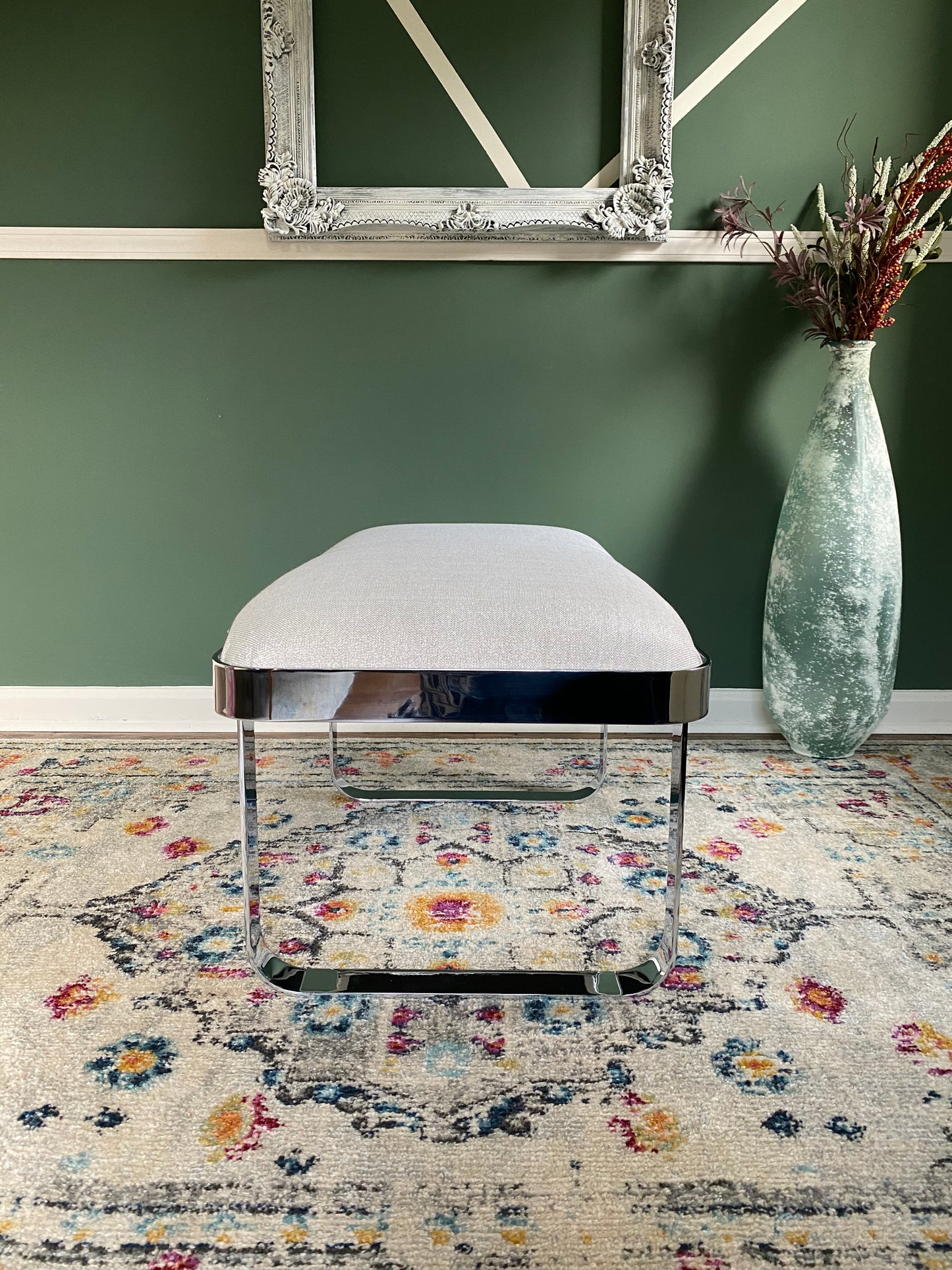 Reupholstered Mid-Century Modern Cantilever Chrome Bench