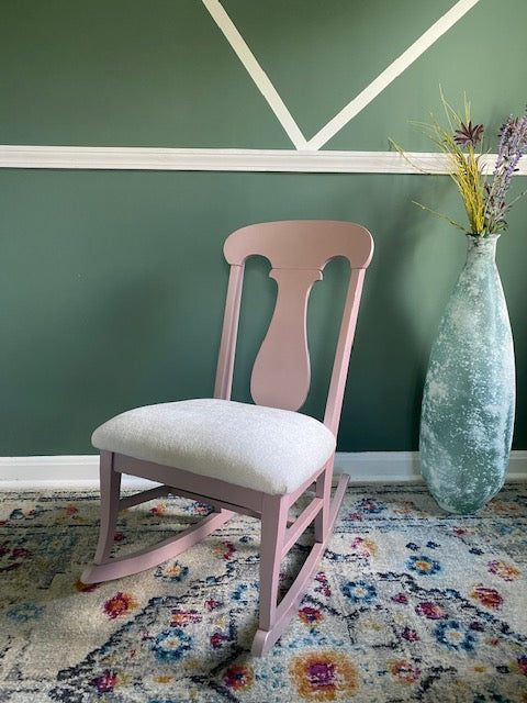 Small Pink Painted Reupholstered Rocking Chair for Nursery Room