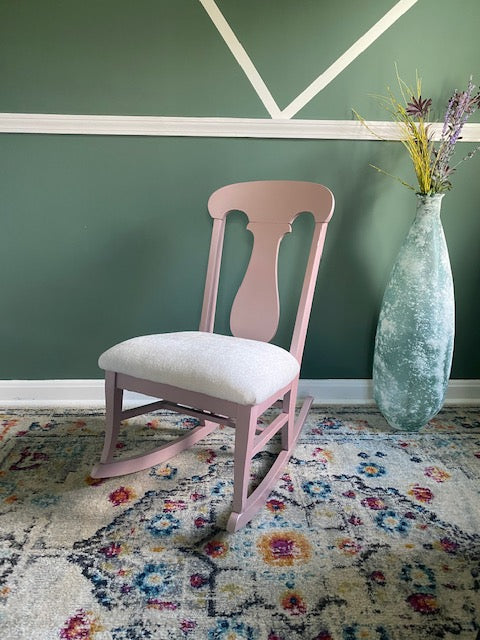 Small Pink Painted Reupholstered Rocking Chair for Nursery Room