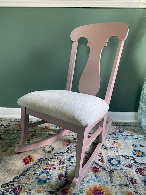 Small Pink Painted Reupholstered Rocking Chair for Nursery Room