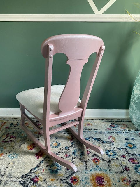 Small Pink Painted Reupholstered Rocking Chair for Nursery Room