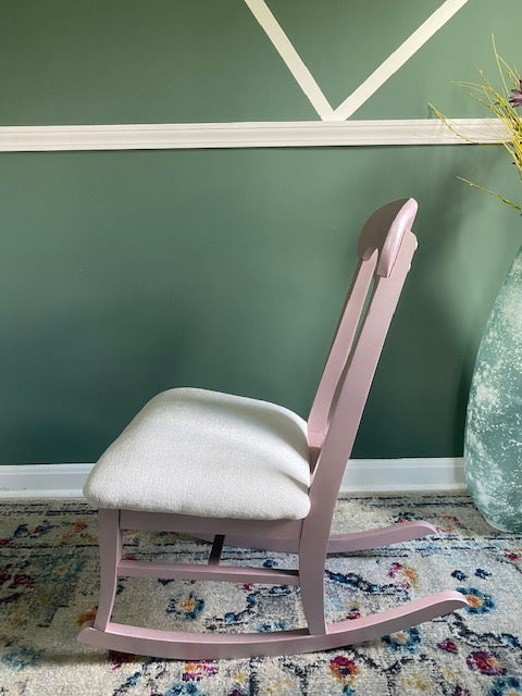 Small Pink Painted Reupholstered Rocking Chair for Nursery Room