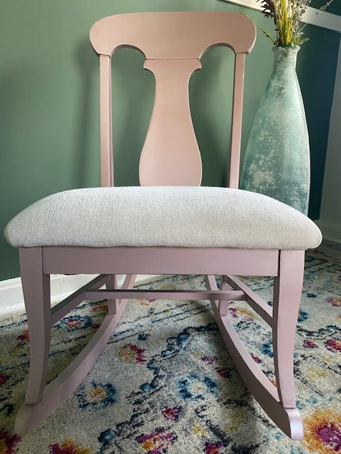 Small Pink Painted Reupholstered Rocking Chair for Nursery Room