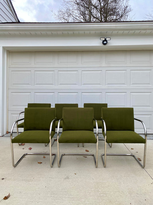 Set of 6 Chrome Mies van der Rohe Tubular Brno Chairs by Knoll in Green Velvet