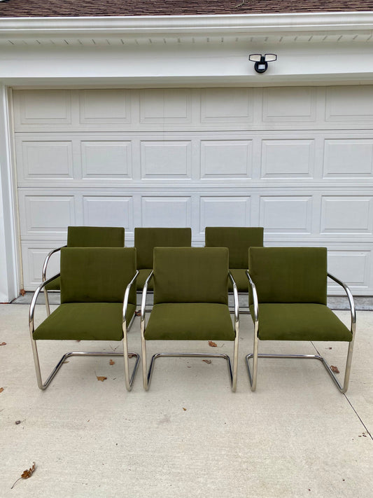 Set of 6 Chrome Mies van der Rohe Tubular Brno Chairs by Knoll in Green Velvet