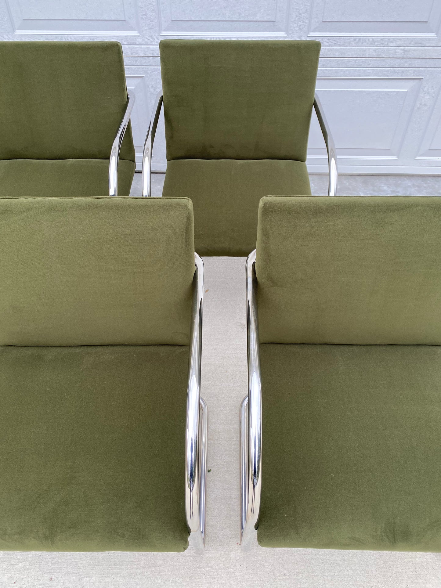 Set of 6 Chrome Mies van der Rohe Tubular Brno Chairs by Knoll in Green Velvet