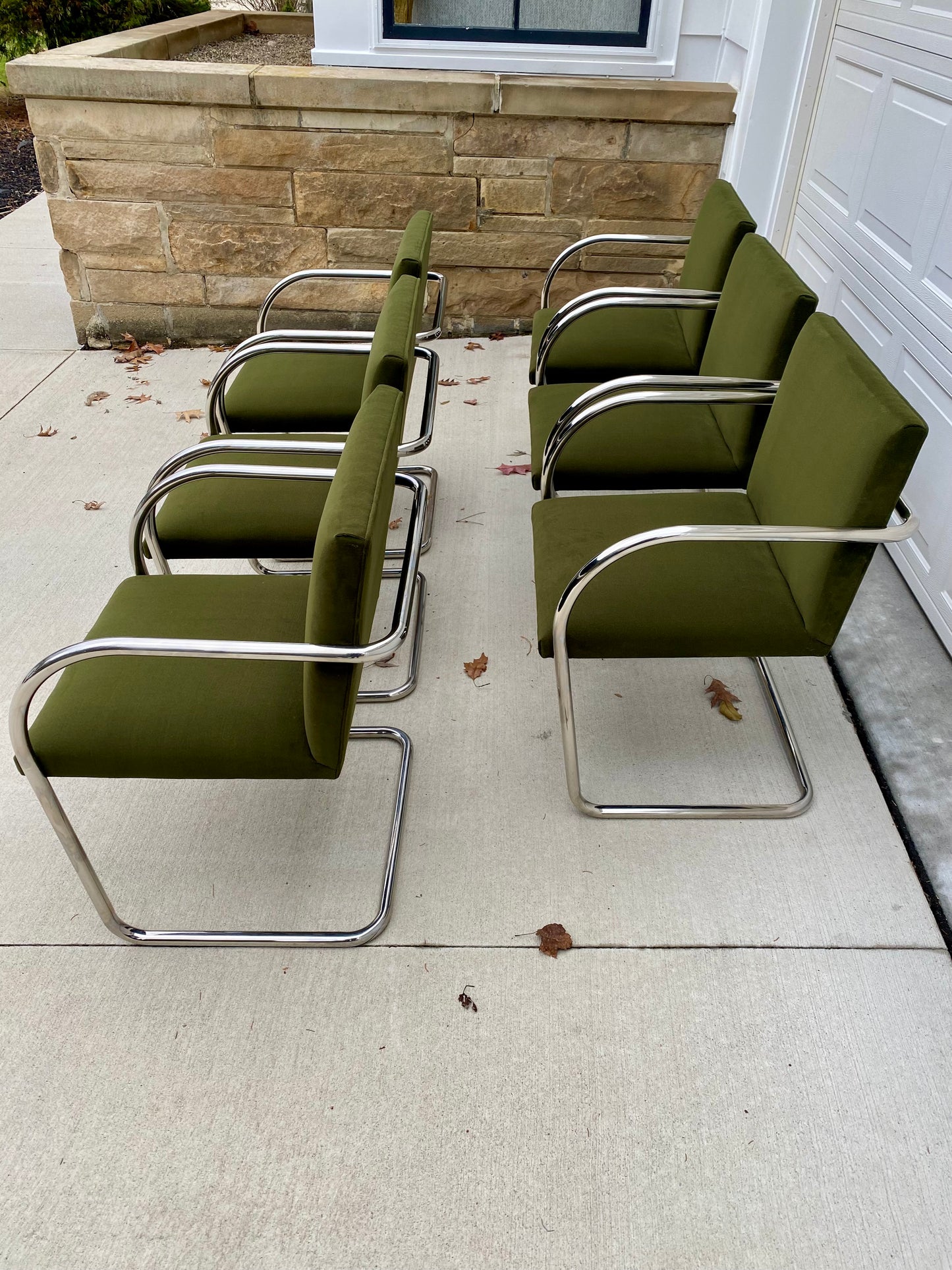 Set of 6 Chrome Mies van der Rohe Tubular Brno Chairs by Knoll in Green Velvet