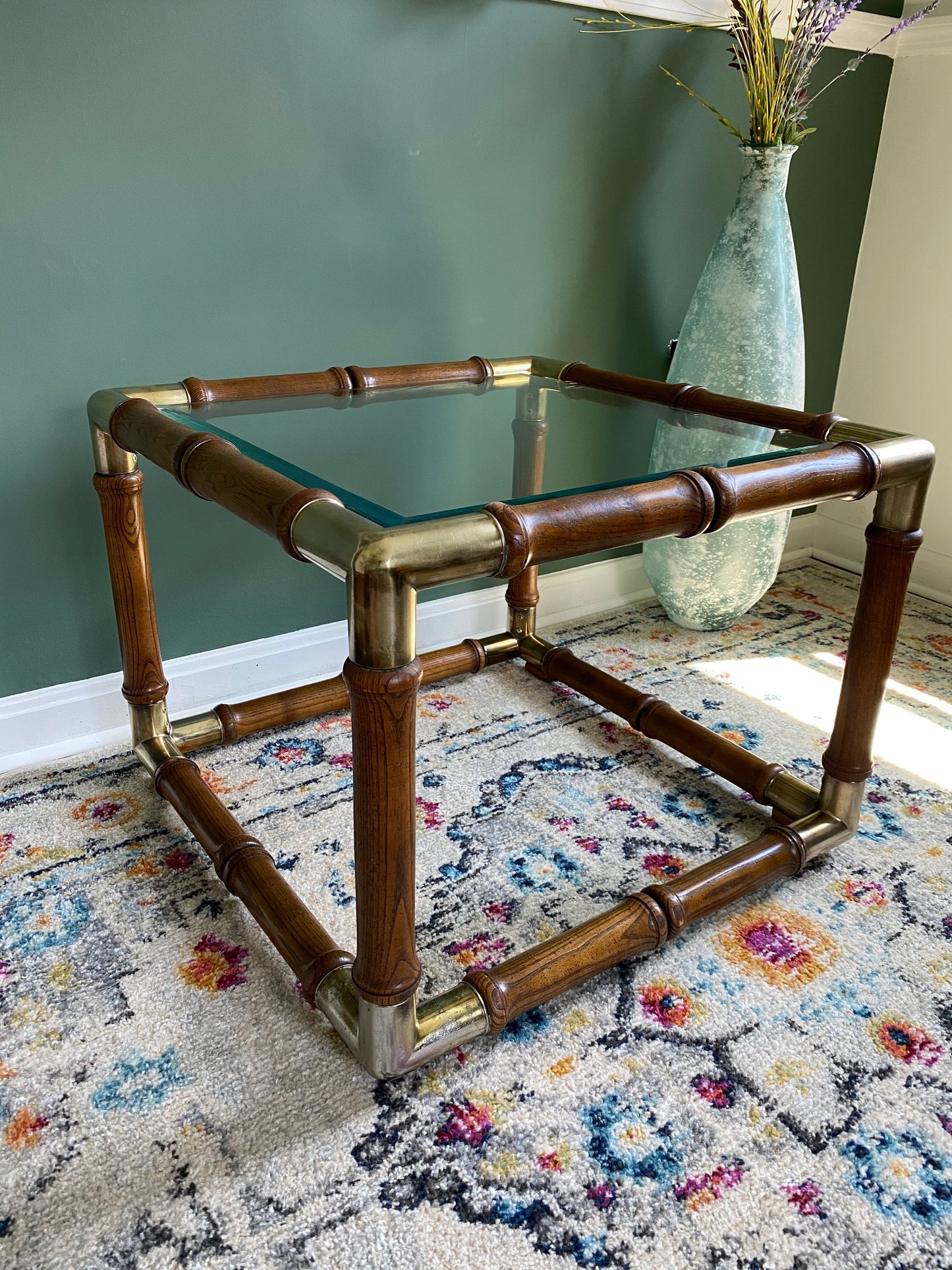 1970s Faux Bamboo and Brass with Glass Top Coffee Table