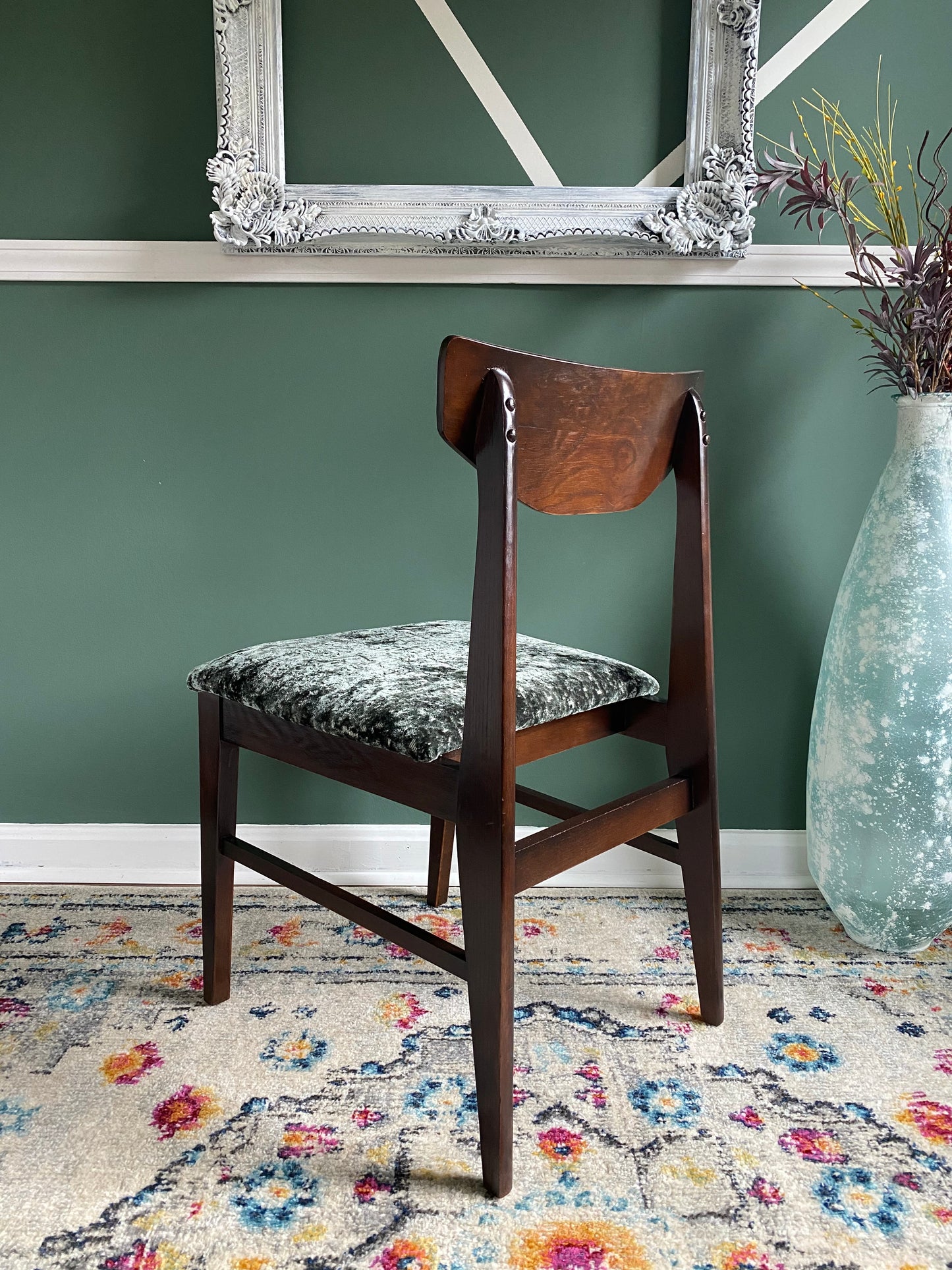 Reupholstered Emerald Green Dark Walnut MCM Accent Chair