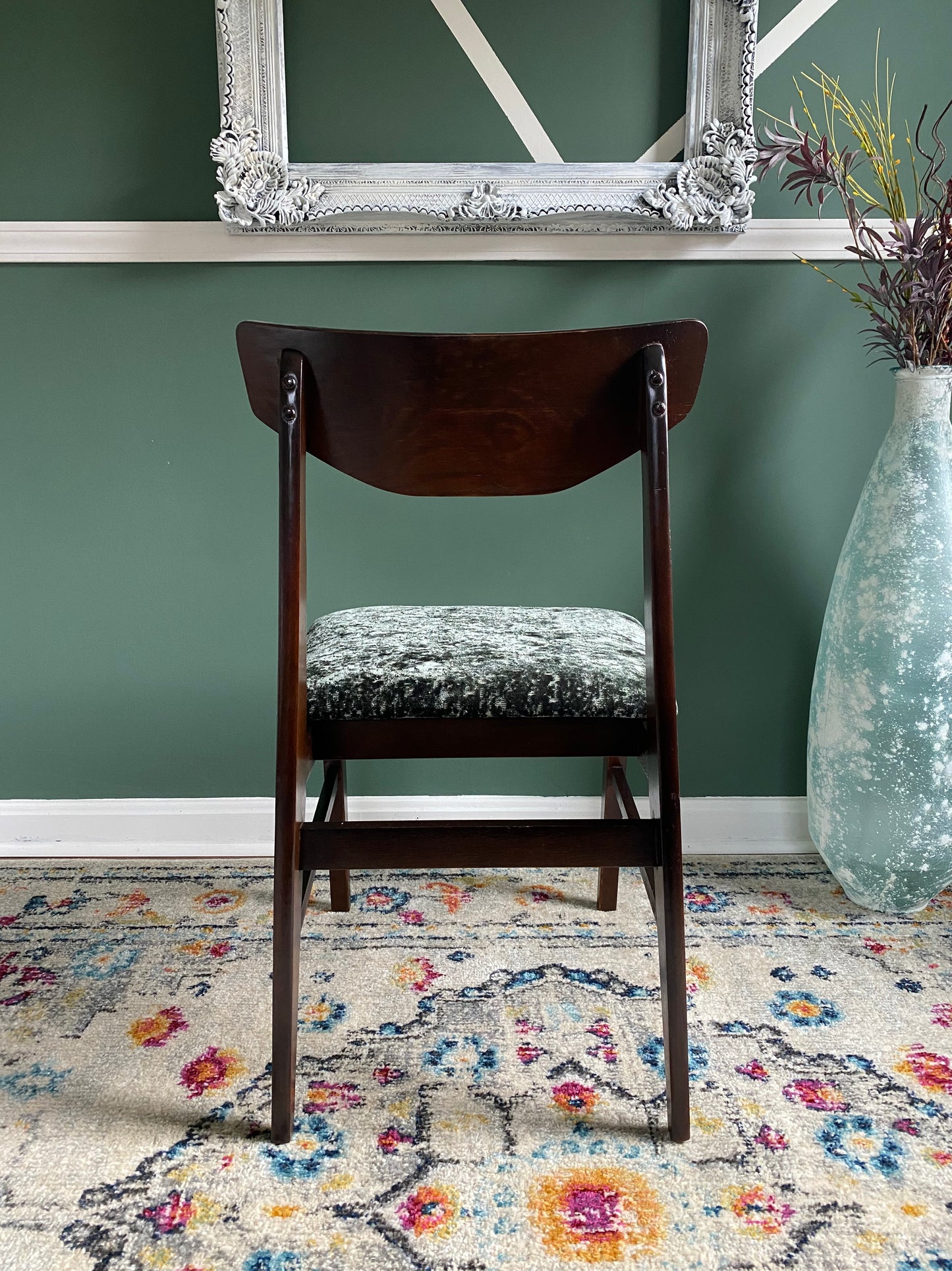 Reupholstered Emerald Green Dark Walnut MCM Accent Chair